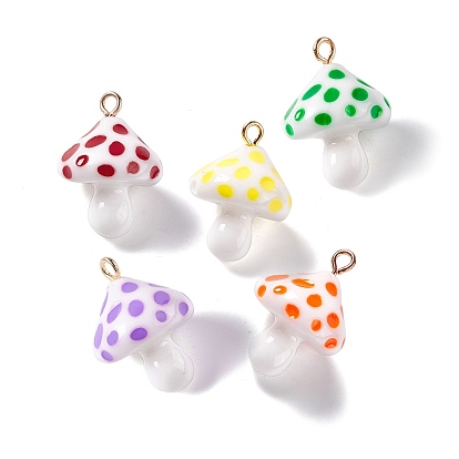 Opaque Resin Pendants, 3D Mushroom Charms, with Light Gold Tone Iron Loops