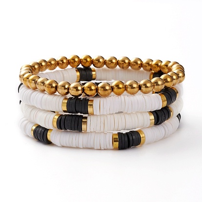 4 ensemble de bracelets extensibles en perles empilables bohèmes, avec des perles heishi en pâte polymère et des perles en laiton doré