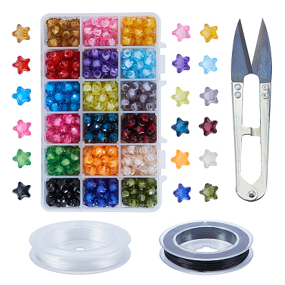 Transparent Acrylic Beads, Bead in Bead, Star, with Elastic Wire and Sharp Steel Scissors
