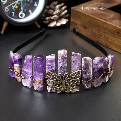 Hollow Butterfly Metal Crown Hair Bands, Raw Natural Gemstone Wrapped Hair Hoop for Women Girl