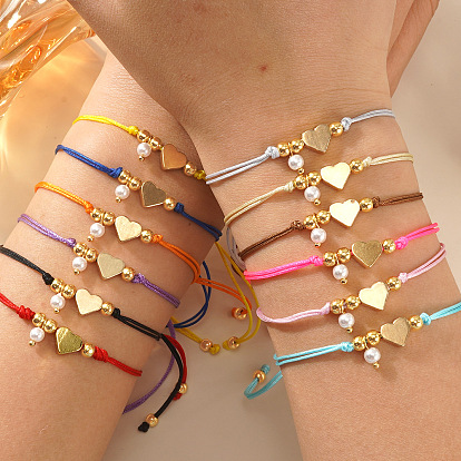 12шт 12 цвета браслеты с подвесками из искусственного жемчуга, плетеные браслеты из латунных бусин для женщин, сердце, с вощеной шнур