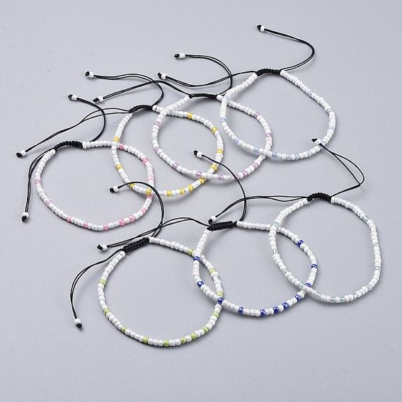 Adjustable Nylon Thread Braided Beads Bracelets, with Glass Seed Beads, Opaque Colors Lustered, Ceylon Round, Round