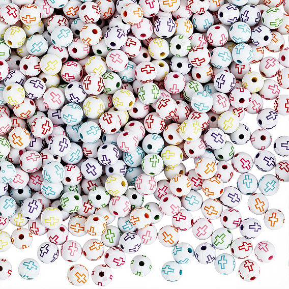 600Pcs Craft Acrylic Beads, Round with Cross