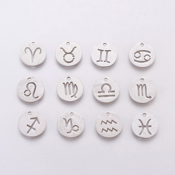 304 Stainless Steel Charms, for DIY Jewelry Making, Flat Round with Constellation/Zodiac Sign