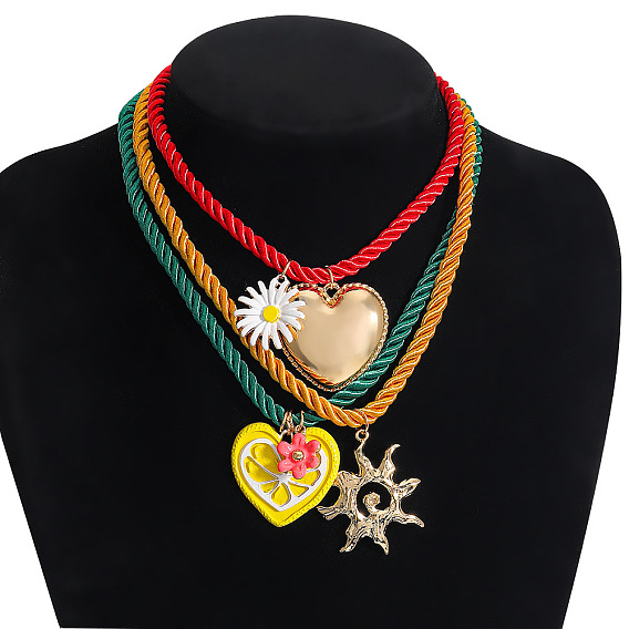 Подвеска в виде сердца и подсолнуха из сплава с эмалью, витой круглый хлопковый шнурок 3 многослойные ожерелья для женщин, золотые