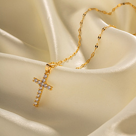 Stylish 18K Stainless Steel Cross Pendant Necklace with White Zirconia - Non-Fading and Unique Jewelry Piece