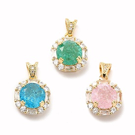 Brass Micro Pave Clear Cubic Zirconia Pendants, with Faceted Glass, Flat Round, Real 18K Gold Plated