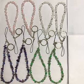 Correas móviles con cuentas redondas planas de resina con chip de piedras preciosas naturales y mal de ojo, Cordón de poliéster y llavero partido de hierro, decoración de accesorios móviles