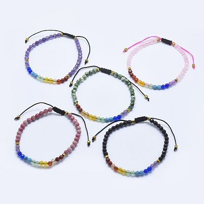 Natural Gemstone Braided Bead Bracelets, with Mixed Gemstone and Nylon Cord, Faceted