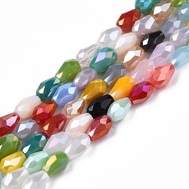 Electroplate Opaque Solid Color Glass Beads Strands, AB Color Plated, Faceted, Rice