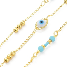 Acrylic Evil Eye Link Chians, with Real 18K Gold Plated Brass & Glass Round Beaded, Soldered, with Spool