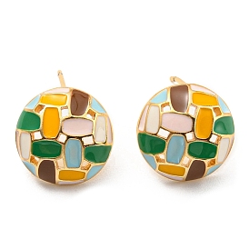 Real 18K Gold Plated Brass Flat Round Stud Earrings with Enamel, Cadmium Free & Lead Free, Long-Lasting Plated