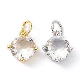 Brass Cubic Zirconia Charms, with Jump Ring, Long-Lasting Plated, Lead Free & Cadmium Free, Round