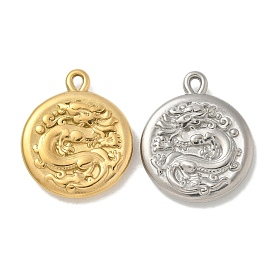 304 Stainless Steel Pendants, Flat Round with Dragon Charms