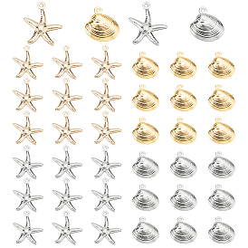 40 pcs 4 style 304 pendentifs en acier inoxydable, formes d'étoiles de mer et de coquillages