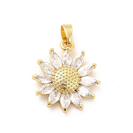 Brass Micro Pave Clear Cubic Zirconia Pendants, with Glass, Sunflower