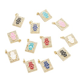 Pendentifs en laiton zircon cubique transparent, avec l'émail, réel 18 k plaqué or, plaqué longue durée, rectangle avec main hamsa