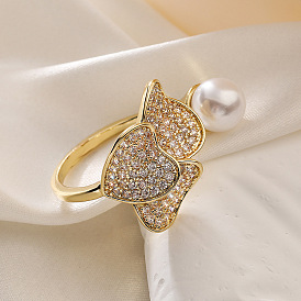 Brass Micro Pave Cubic Zirconia Cuff Rings for Women, with Plastic Imitation Pearl Beads, Flower