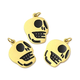 Halloween Ion Plating(IP) 304 Stainless Steel Pendants, with Enamel and Jump Ring, Golden, Skull Charm