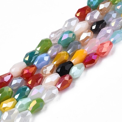 Electroplate Opaque Solid Color Glass Beads Strands, AB Color Plated, Faceted, Rice