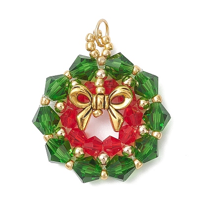 Стеклянные подвески, Рождественский венок с бантом, со стеклянными бусинами и 304 открытыми соединительными кольцами из нержавеющей стали, граненые