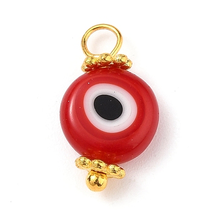 Handmade Evil Eye Lampwork Charms, with Brass Eye Pin and Tibetan Style Alloy Spacer Beads, Flat Round
