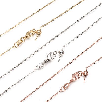 Brass Cable Chain Necklaces, Long-Lasting Plated, with Lobster Claw Clasps and Stopper Beads