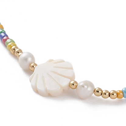 Natural Shell Beaded Necklaces, with Mixed Style Glass Seed Beads, Natural Pearl & Brass Round Beads, Golden