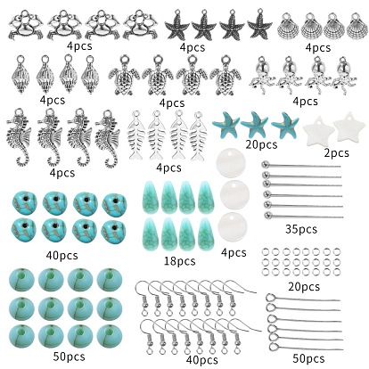 DIY Ocean Theme Dangle Earring Making Kit, Including Crab & Starfish & Shell & Fish & Star Alloy Pendants, Synthetic Turquoise Teardrop & Round Beads, Iron Earring Hooks