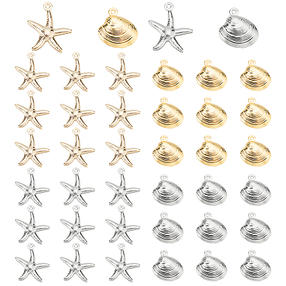 40 pcs 4 style 304 pendentifs en acier inoxydable, formes d'étoiles de mer et de coquillages
