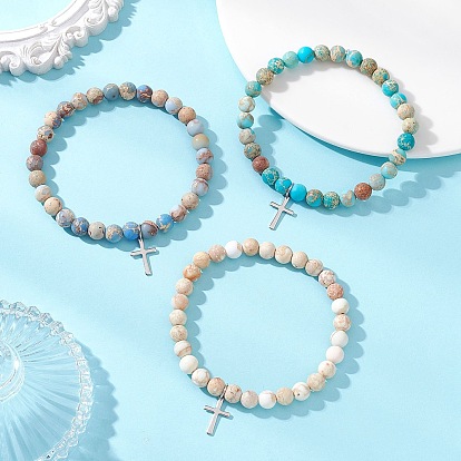 3шт. 201 браслеты с подвесками в виде крестов из нержавеющей стали, Круглые матовые натуральные бусины из императорской яшмы, эластичные браслеты для женщин и мужчин