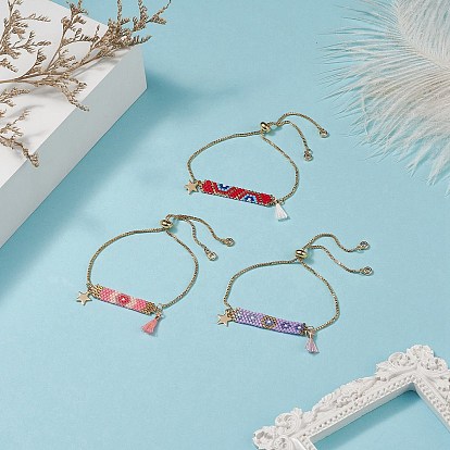 Handmade Japanese Seed Rectangle & Star & Tassel Charms Slider Bracelet, Golden 304 Stainless Steel Jewelry for Women
