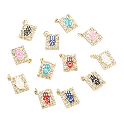 Pendentifs en laiton zircon cubique transparent, avec l'émail, réel 18 k plaqué or, plaqué longue durée, rectangle avec main hamsa