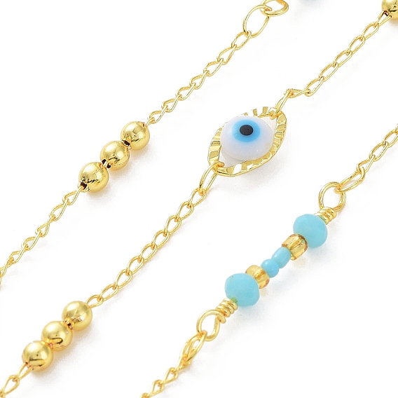 Acrylic Evil Eye Link Chians, with Real 18K Gold Plated Brass & Glass Round Beaded, Soldered, Cadmium Free & Nickel Free & Lead Free, with Spool