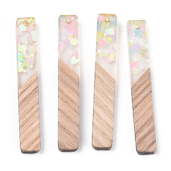 Transparent Resin & White Wood Big Pendants, Rectangle Charms with Paillettes
