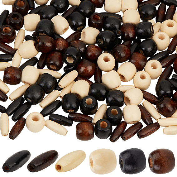 180шт 6 стили окрашенные бусины из натурального дерева, бочкообразный и овальный