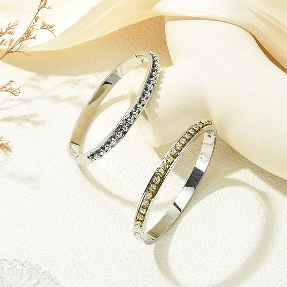 2Pcs 2 Colors Brass Crystal Rhinestone and 201 Stainless Steel Hinged Cuff Bangle Sets