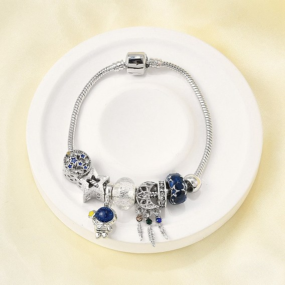 Сплав эмаль европейские бусины браслеты с подвесками, браслеты из змеиной цепи для женщин, космонавт, луна и звезда, смолой и горный хрусталь, без свинца и без кадмия