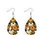 Iron & Imitation Leather Dangle Earrings, Teardrop with Flower Pattern, Silver