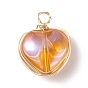Electroplated Glass Pendants, with Copper Findings, Heart, Golden