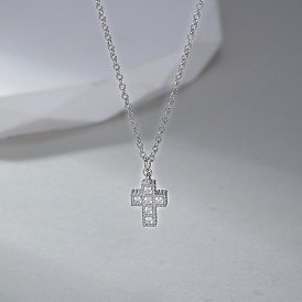 925 Sterling Silver Pave Clear Cubic Zirconia Cross Pendant Necklaces for Women's Daily Wear