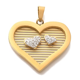 PVD Vacuum Plating 304 Stainless Steel Pendants, with Polymer Clay Rhinestone, Heart Charm