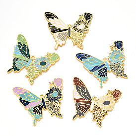 Rack Plating Alloy Enamel Big Pendants, Cadmium Free & Nickel Free & Lead Free, Butterfly with Flower Charms, Golden