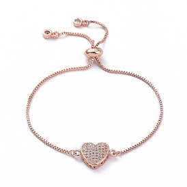 Adjustable Brass Slider Bracelets, Bolo Bracelets, with Box Chains, Brass Micro Pave Cubic Zirconia Links and Cardboard Packing Box, Heart