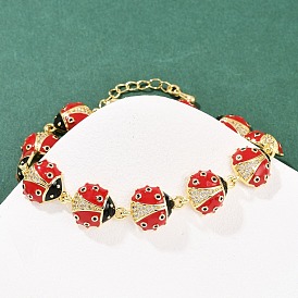 Браслеты-цепочки с красными божьими коровками из латуни с микропаве из прозрачных кубических цирконий и эмалью для женщин, долговечный, стойки покрытие