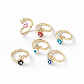 Clear Cubic Zirconia Butterfly & Enamel Evil Eye Open Cuff Ring, Real 18K Gold Plated Brass Lucky Jewelry for Women, Lead Free & Cadmium Free