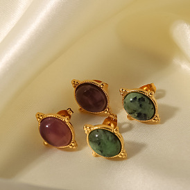 18K Gold-Plated Stainless Steel Oval Earrings with Green Peacock Stone/African Turquoise/Purple Crystal - Fashionable and Versatile.