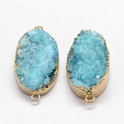 Electroplated Natural & Dyed Druzy Agate Links Connectors, with Golden Plated Brass Findings, Oval