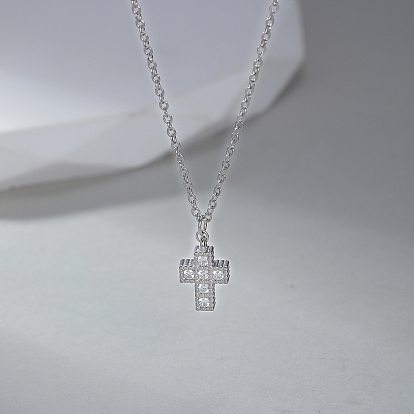 925 Sterling Silver Pave Clear Cubic Zirconia Cross Pendant Necklaces for Women's Daily Wear