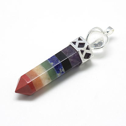 Natural Gemstone Pendants, Point Big Pendants, with Crystal Quartz and Brass Findings, Bullet, Faceted, Platinum